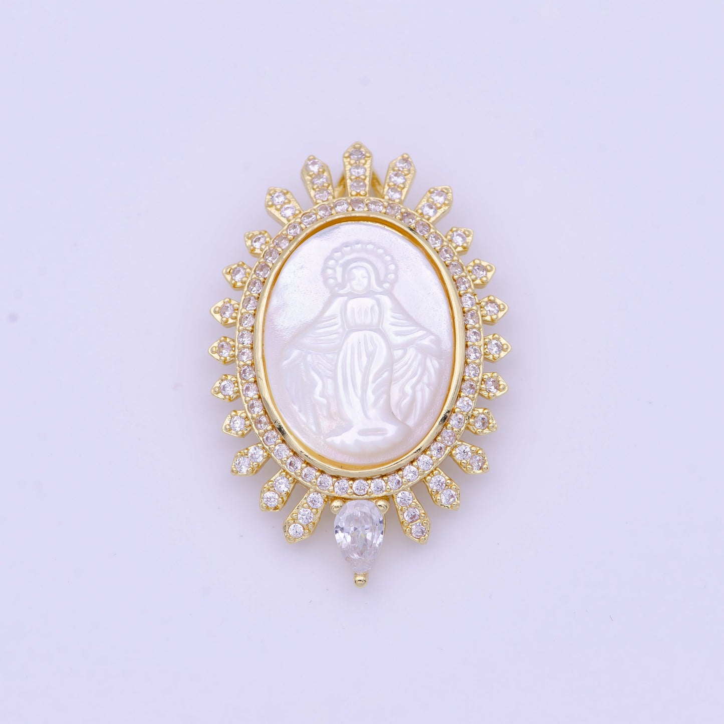 Silver Medallion Pendant Mother Of Pearl Miraculous Lady Charm Medallion Necklace Pendant with Cubic Zirconia C-705 H-773
