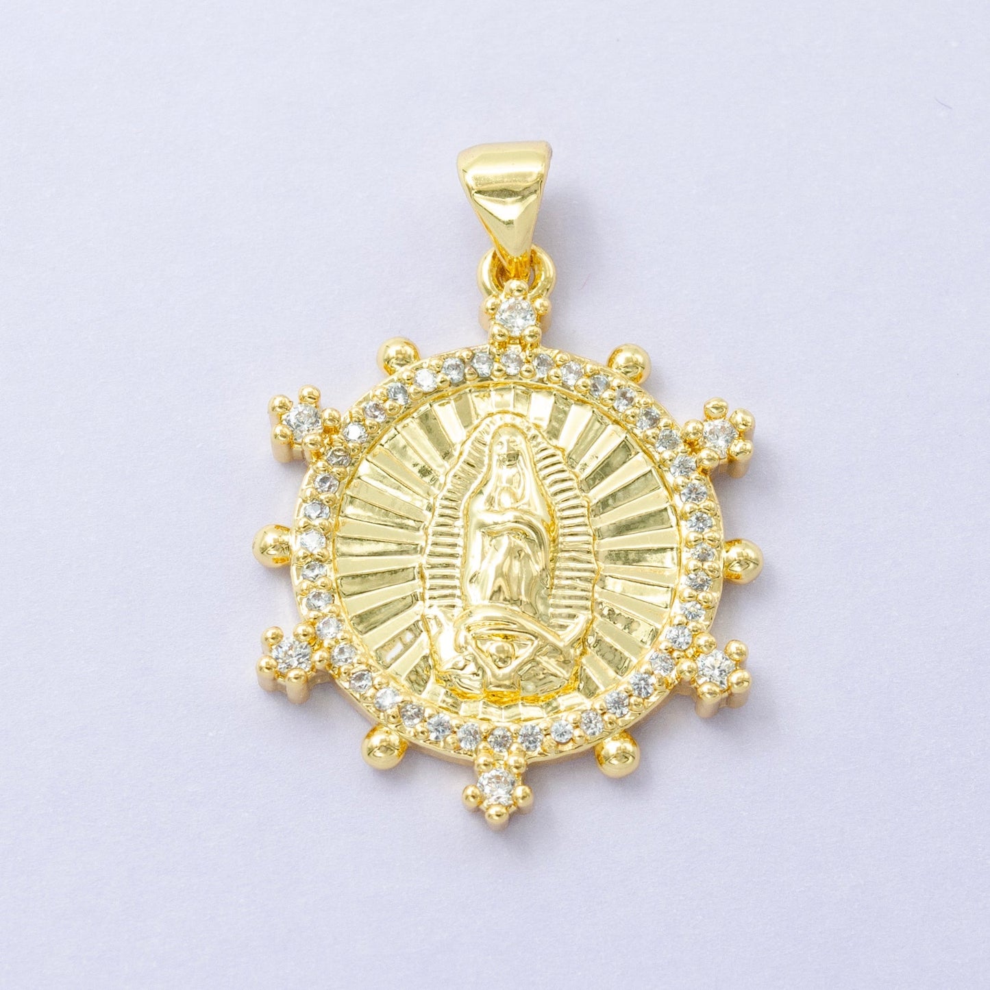 14K Gold Filled Mother Mary Lady Guadalupe Sunburst Micro Paved CZ Dotted Outline Pendant |  I-775
