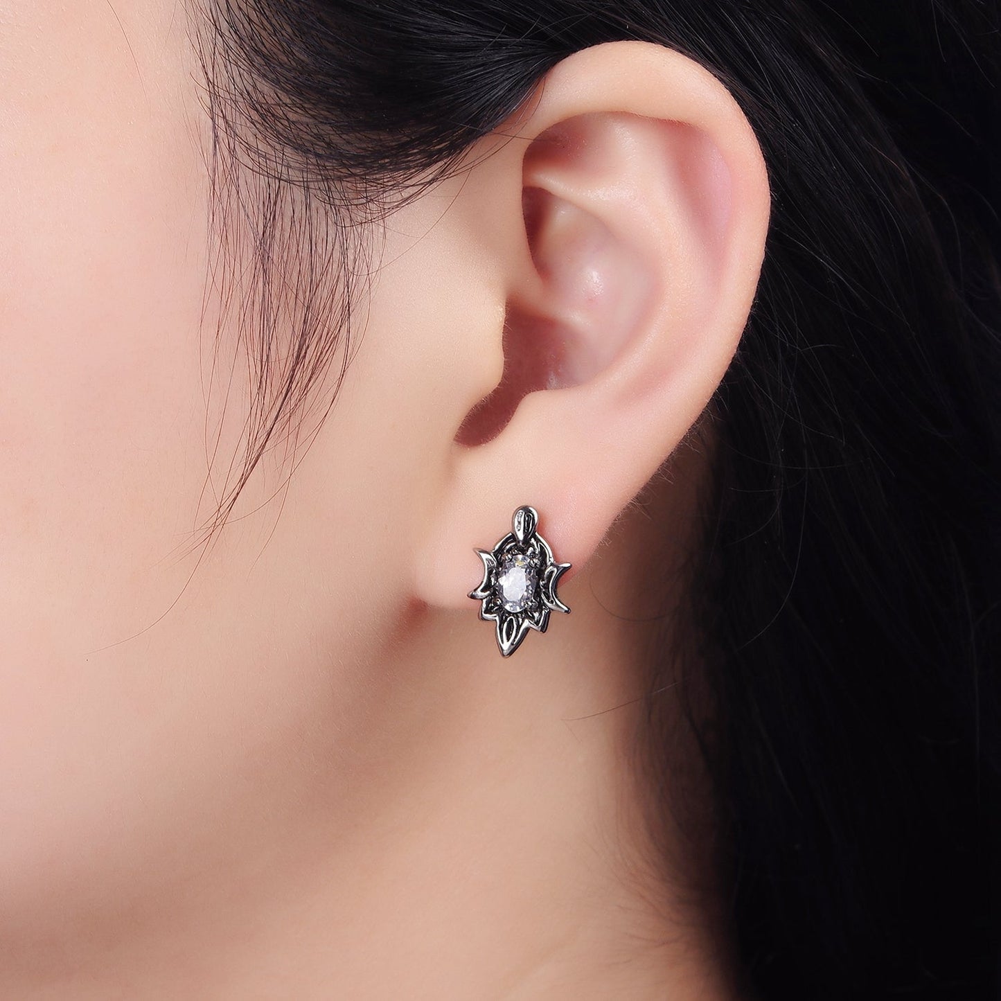 Stainless Steel Clear Oval CZ Double Celestial Crescent Moon Stud Earrings | AE692