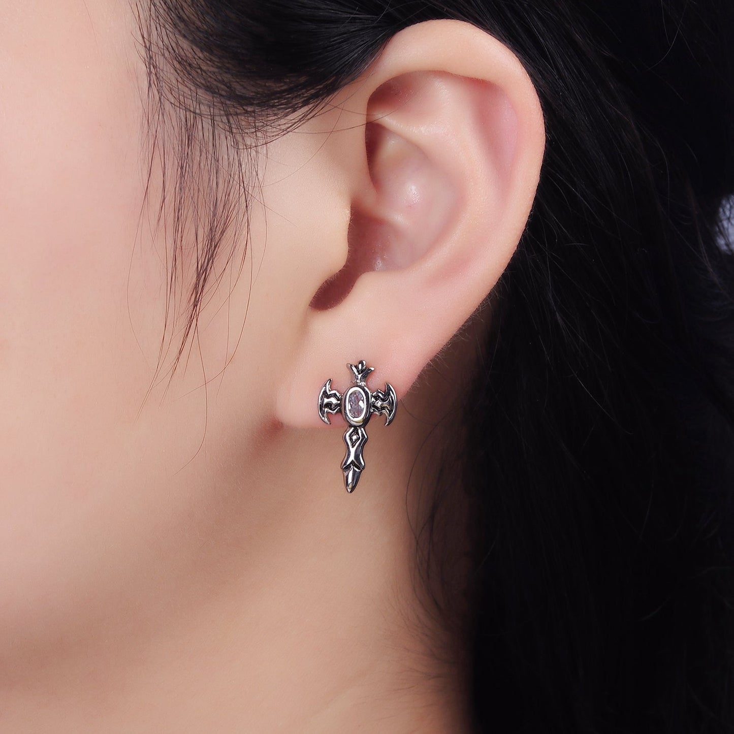Stainless Steel Clear Oval CZ Artisan Cross Bat Wings Stud Earrings | AE693