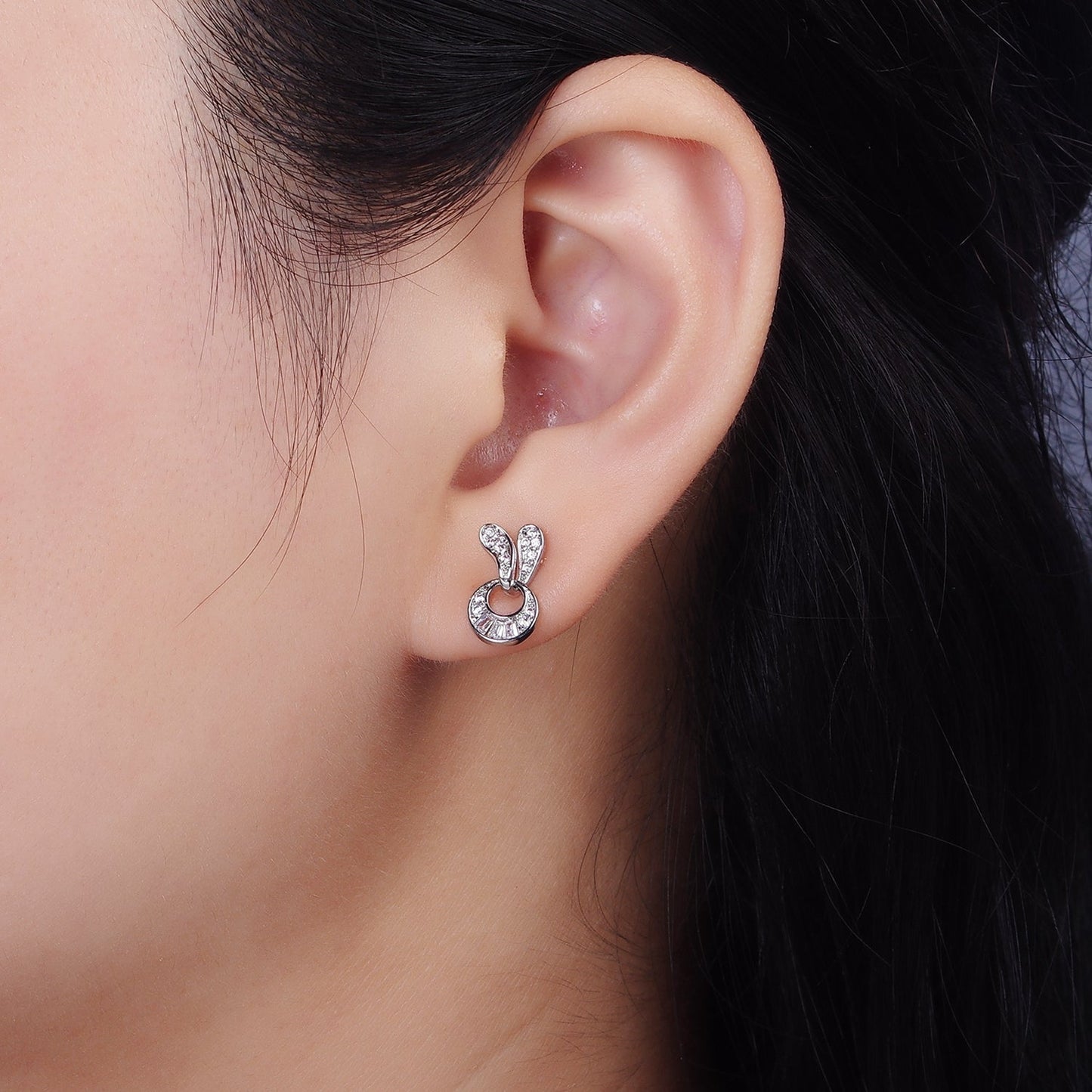 14K Gold Filled Open Geometric Baguette Micro Paved CZ Stud Earrings in Gold & Silver | V276