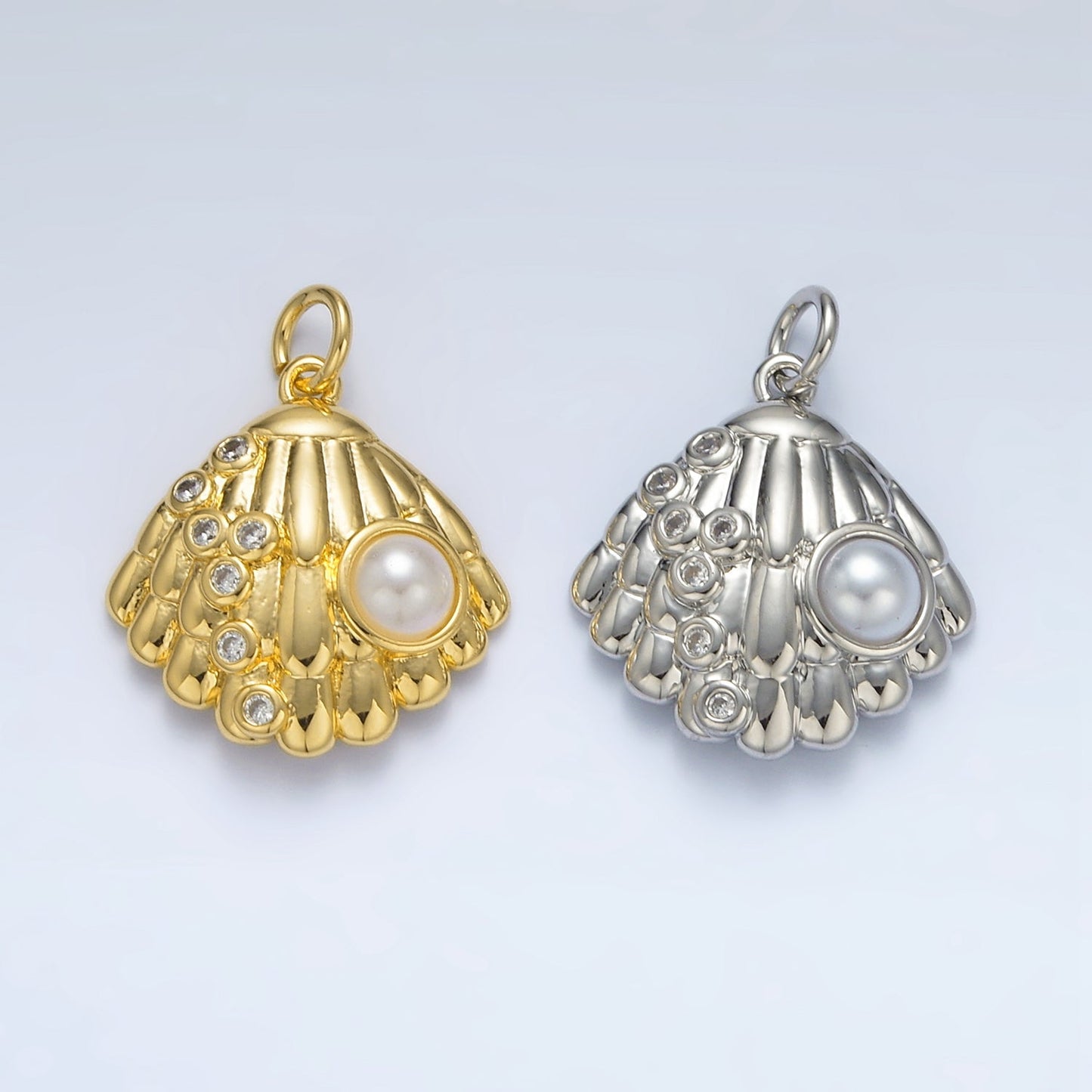 24K Gold Filled Pearl CZ Dotted Clam Sea Shell Charm in Gold & Silver | AG866