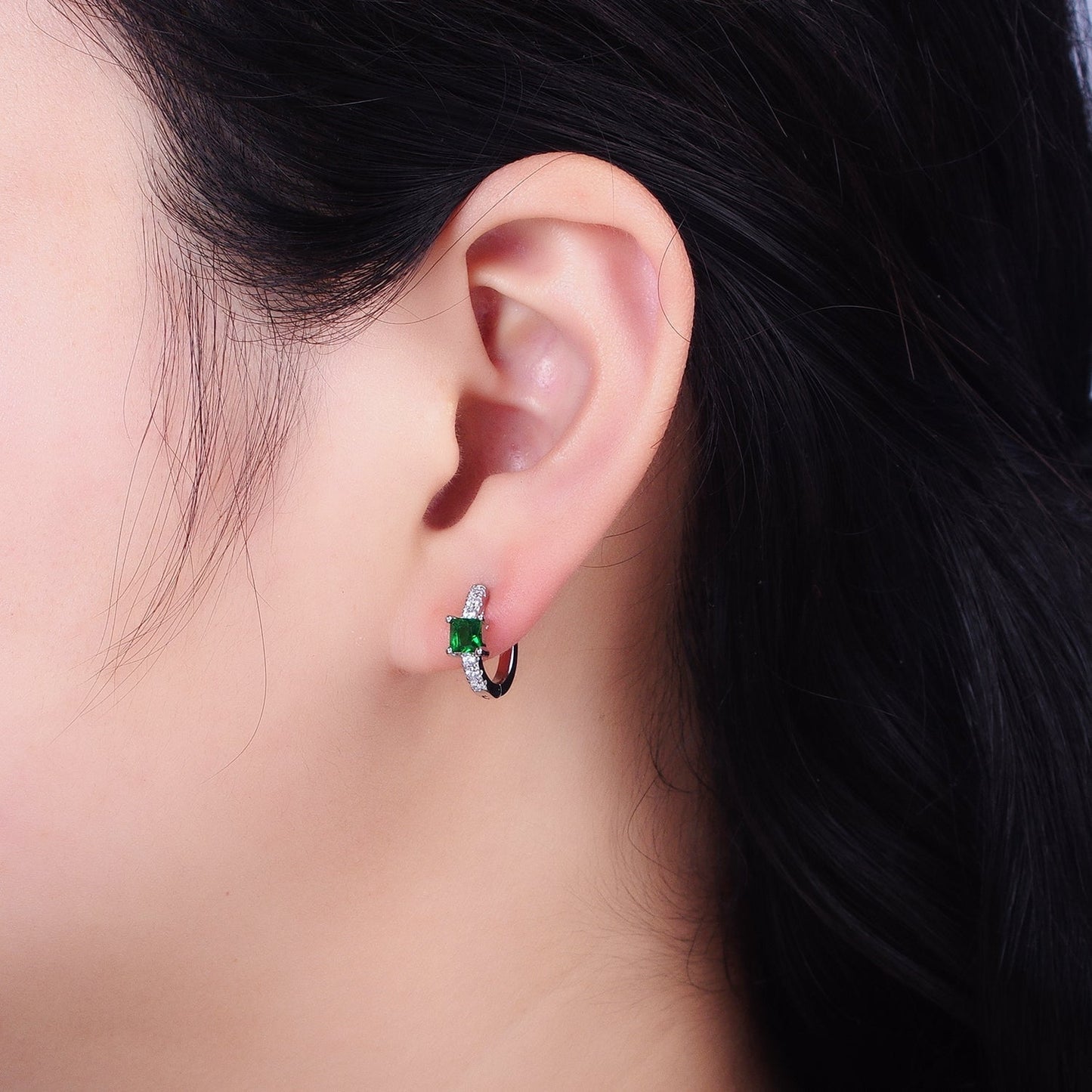 16K Gold Filled Emerald Green Square CZ Micro Paved Cartilage Huggie Earrings in Gold & Silver | AB815 AB657