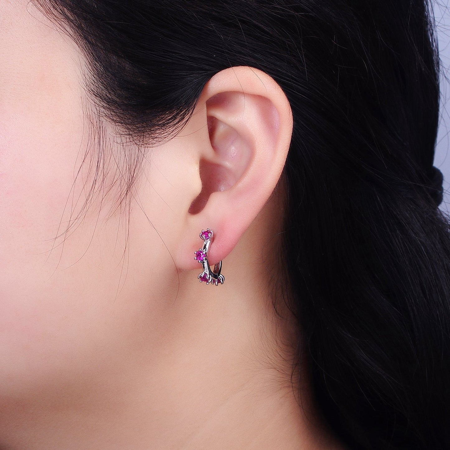 16K Gold Filled 15.5mm Fuchsia CZ Dotted Outline Huggie Earrings in Silver & Gold | AB654 AD1300