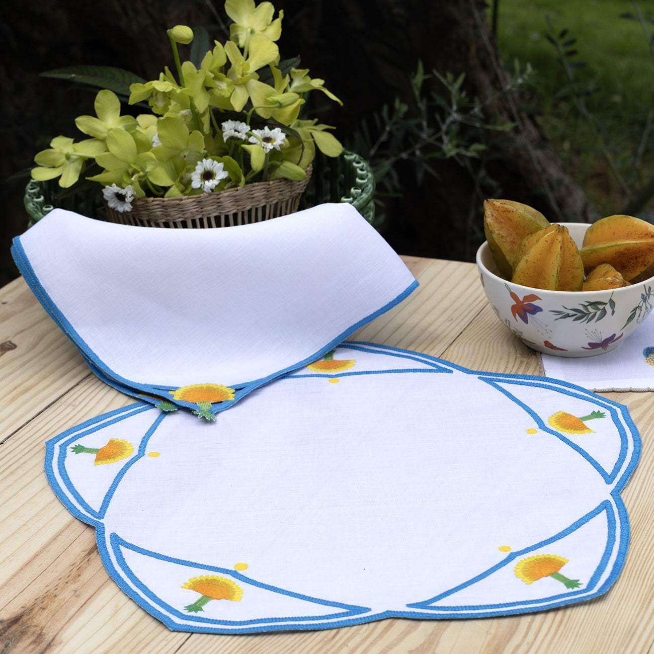 Hand Embroidered Heirloom Petals Placemats 16" round (Set of 4)