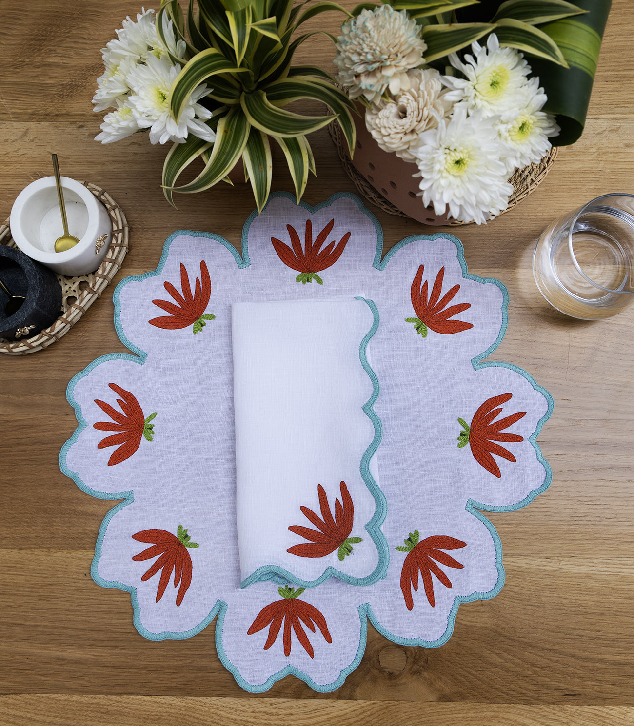 Hand Embroidered Heirloom Petals Placemats 16" round (Set of 4)