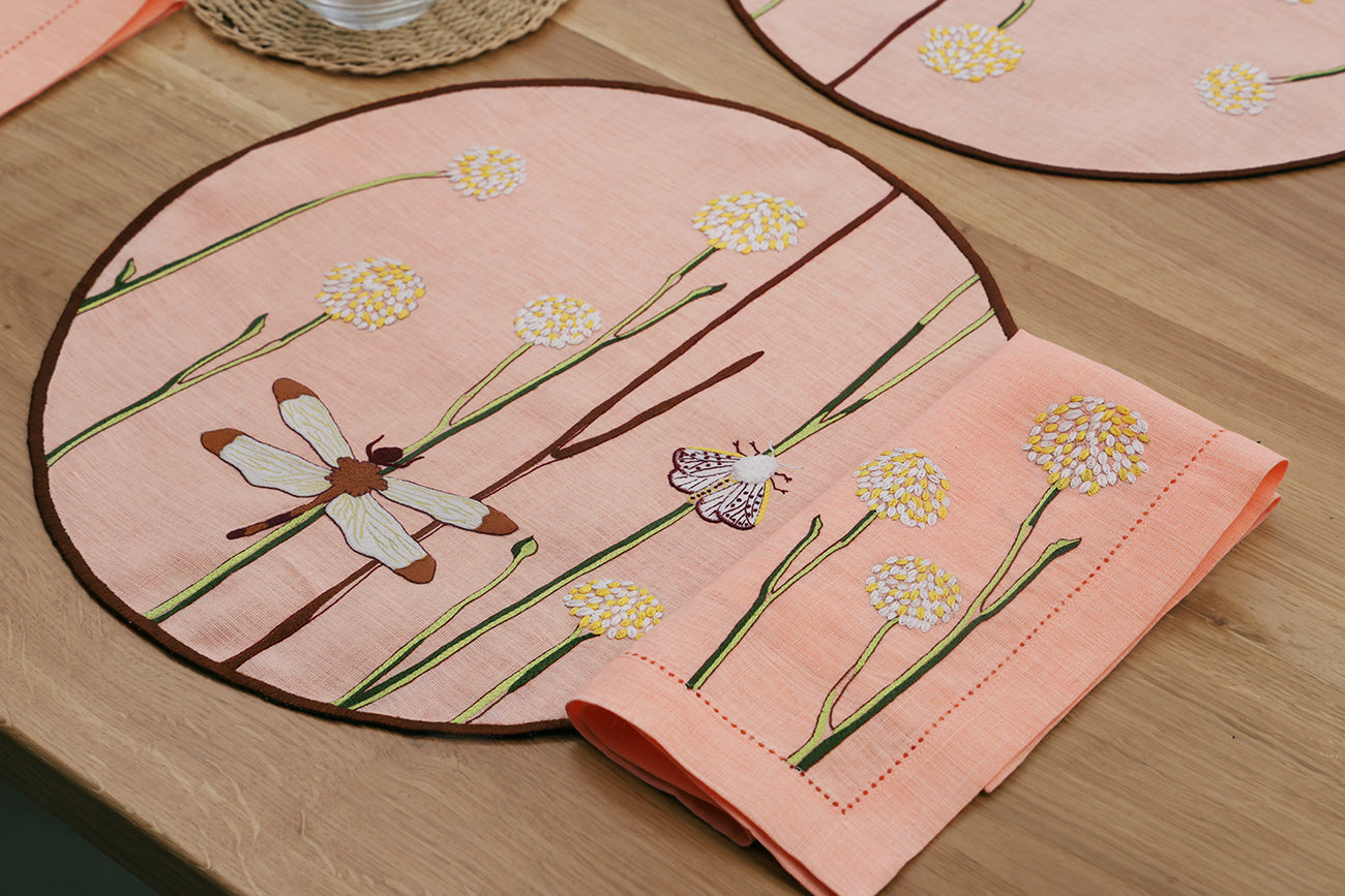 Hand Embroidered Flora and Flutter Placemats 16" round (Set of 4)