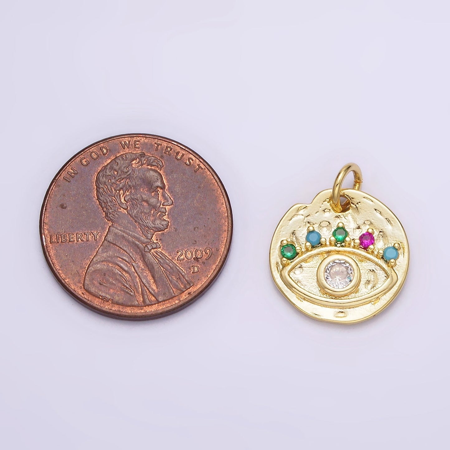 14K Gold Filled Clear Evil Eye Multicolor CZ Lash Hammered Round Charm | N991