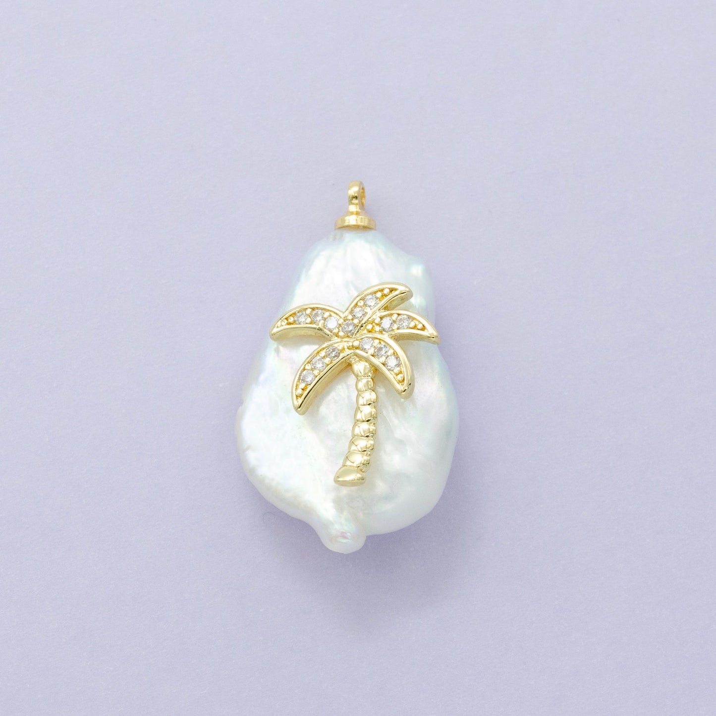 16K Gold Filled Palm Tree Micro Paved CZ Freshwater Pearl Charm | AC1331 P1561