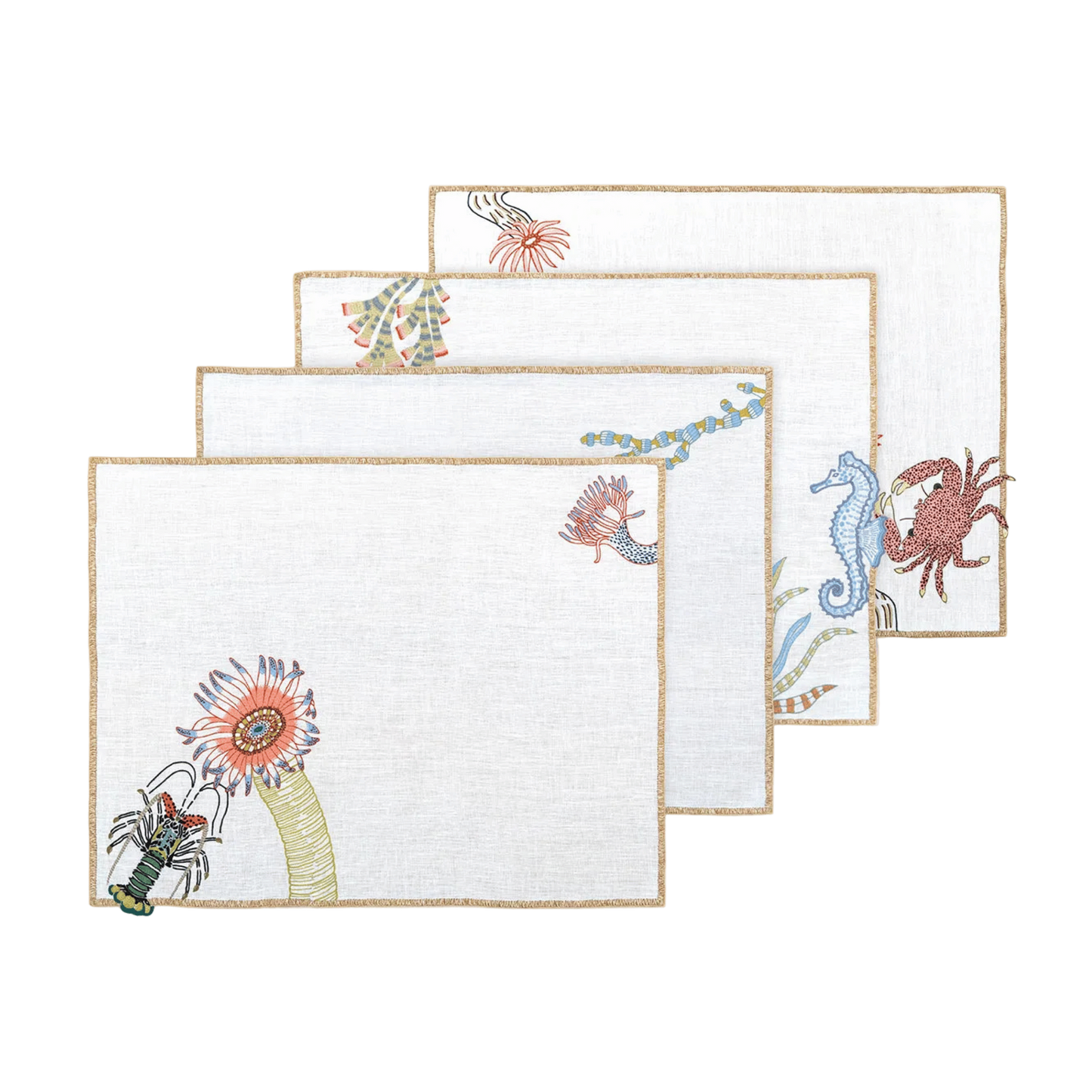 Hand Embroidered Marine Life Placemats 14" × 18" (Set of 4)