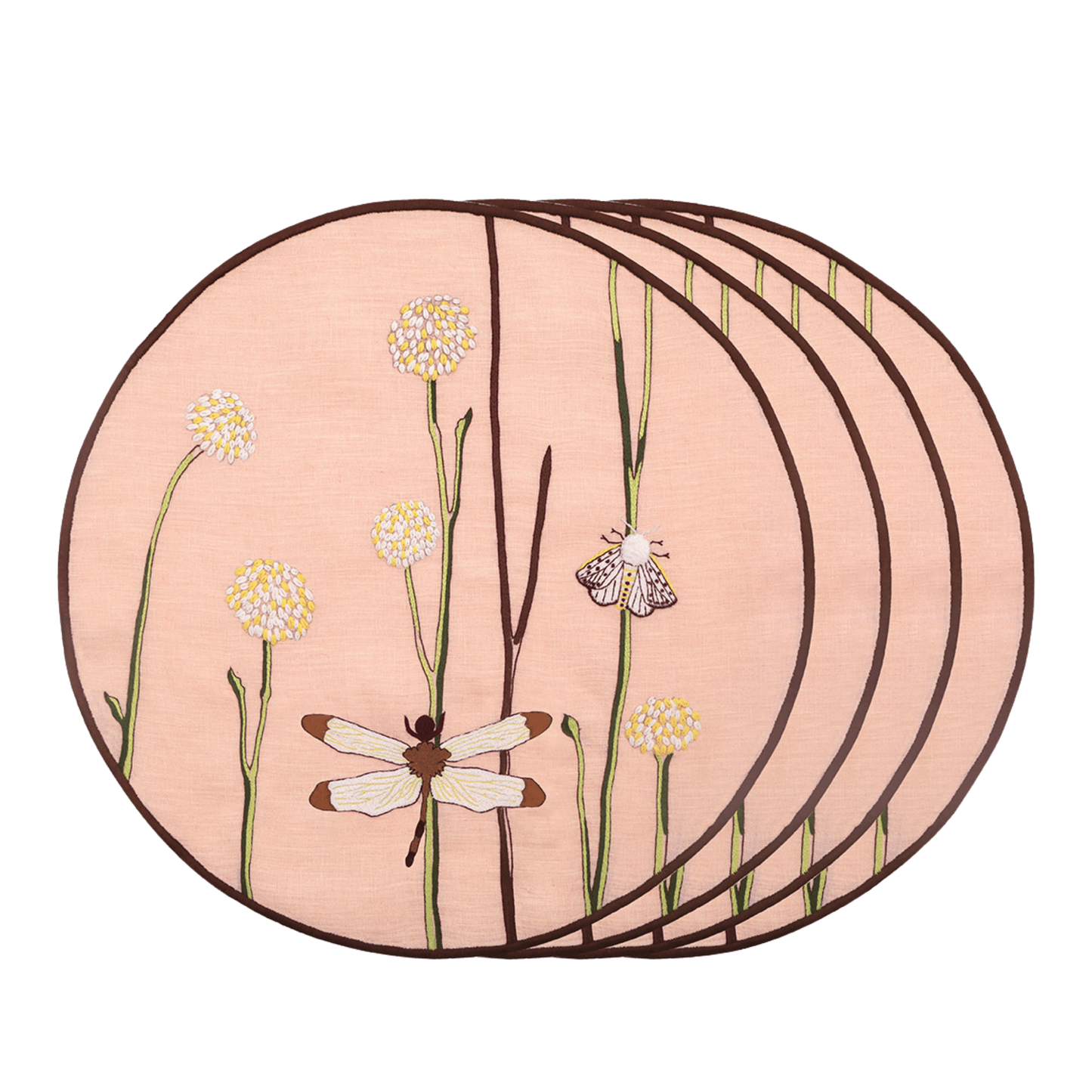 Hand Embroidered Flora and Flutter Placemats 16" round (Set of 4)