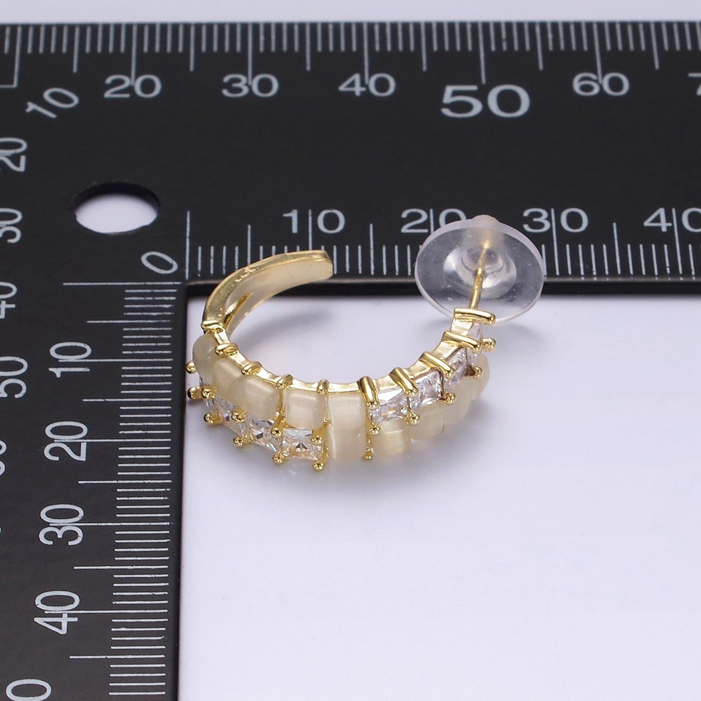 14K Gold Filled Clear CZ White Cat Eye Double Lined C-Shaped Hoop Earrings in Gold & Silver | AE307 AE308