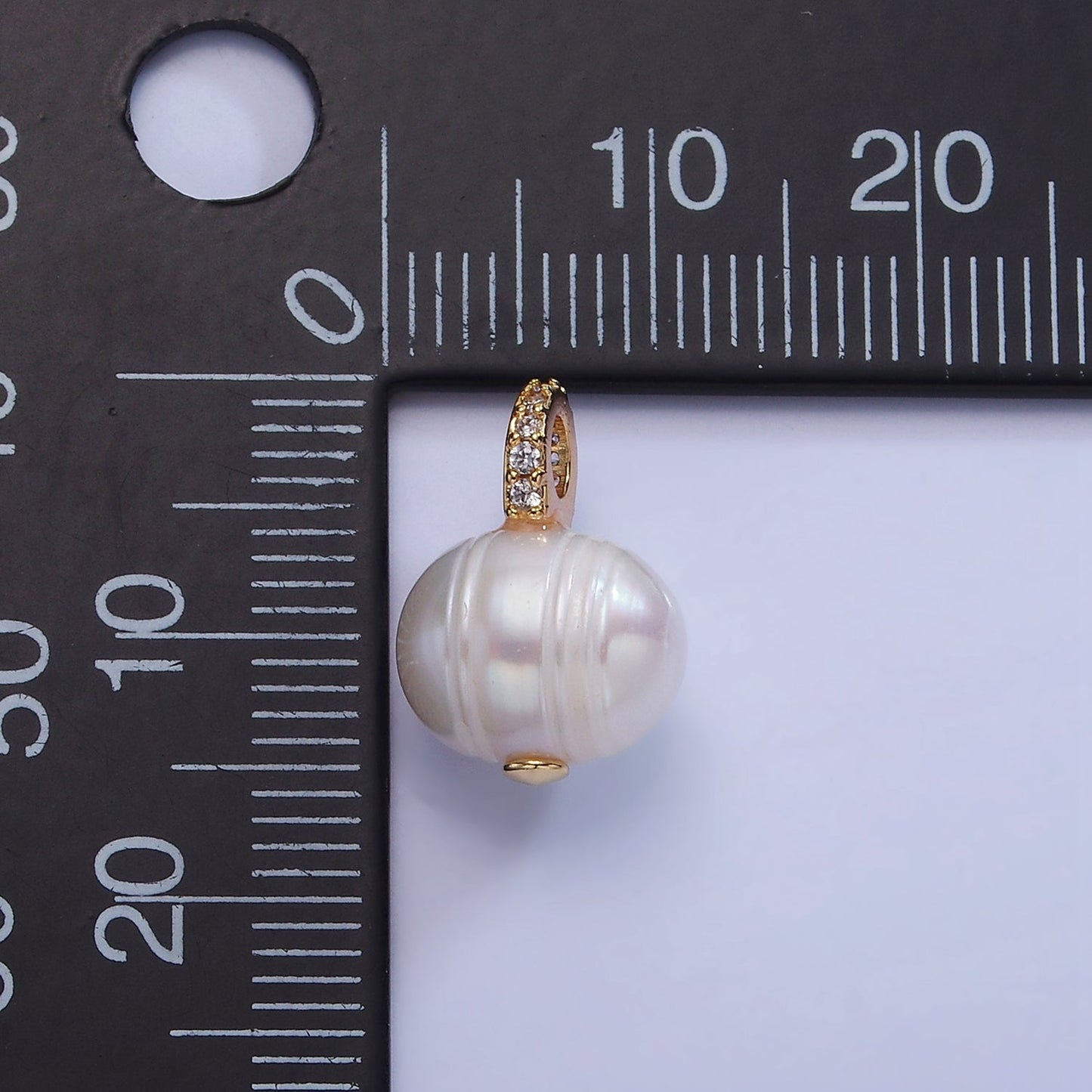 14K Gold Filled Ringed Button Freshwater Pearl Micro Paved CZ Bail Drop Pendant | P1708