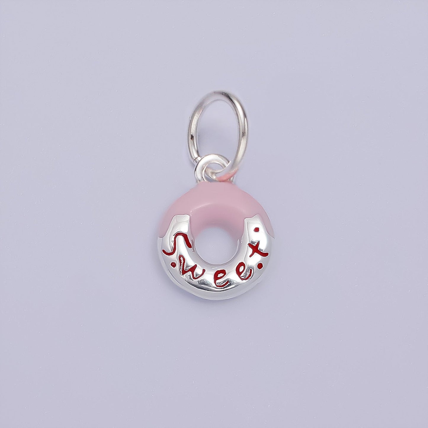 S925 Sterling Silver "Sweet" Script Donut Enamel Open Round Charm | SL-427