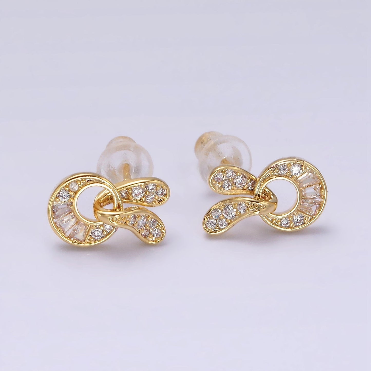 14K Gold Filled Open Geometric Baguette Micro Paved CZ Stud Earrings in Gold & Silver | V276