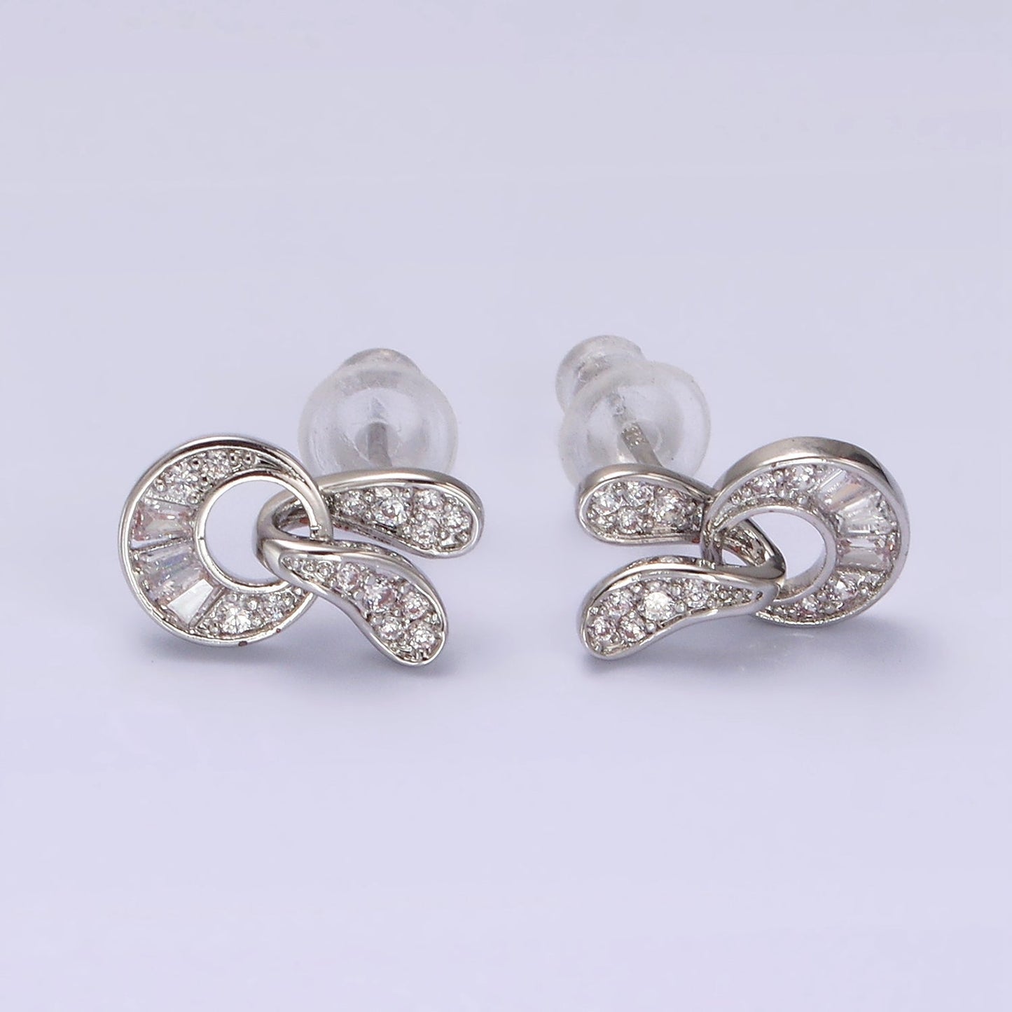 14K Gold Filled Open Geometric Baguette Micro Paved CZ Stud Earrings in Gold & Silver | V276