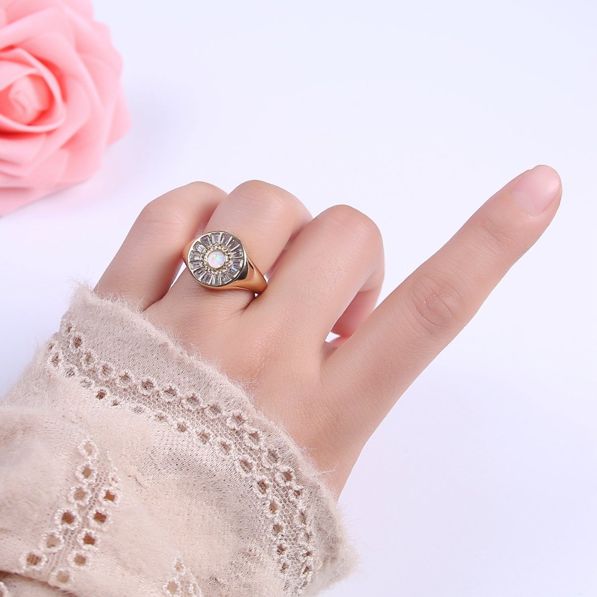 Chunky 24K Gold Filled Crystal Zirconia CZ Ring, White Blue Pink Opal Statement Ring | U-454 ~ U-456