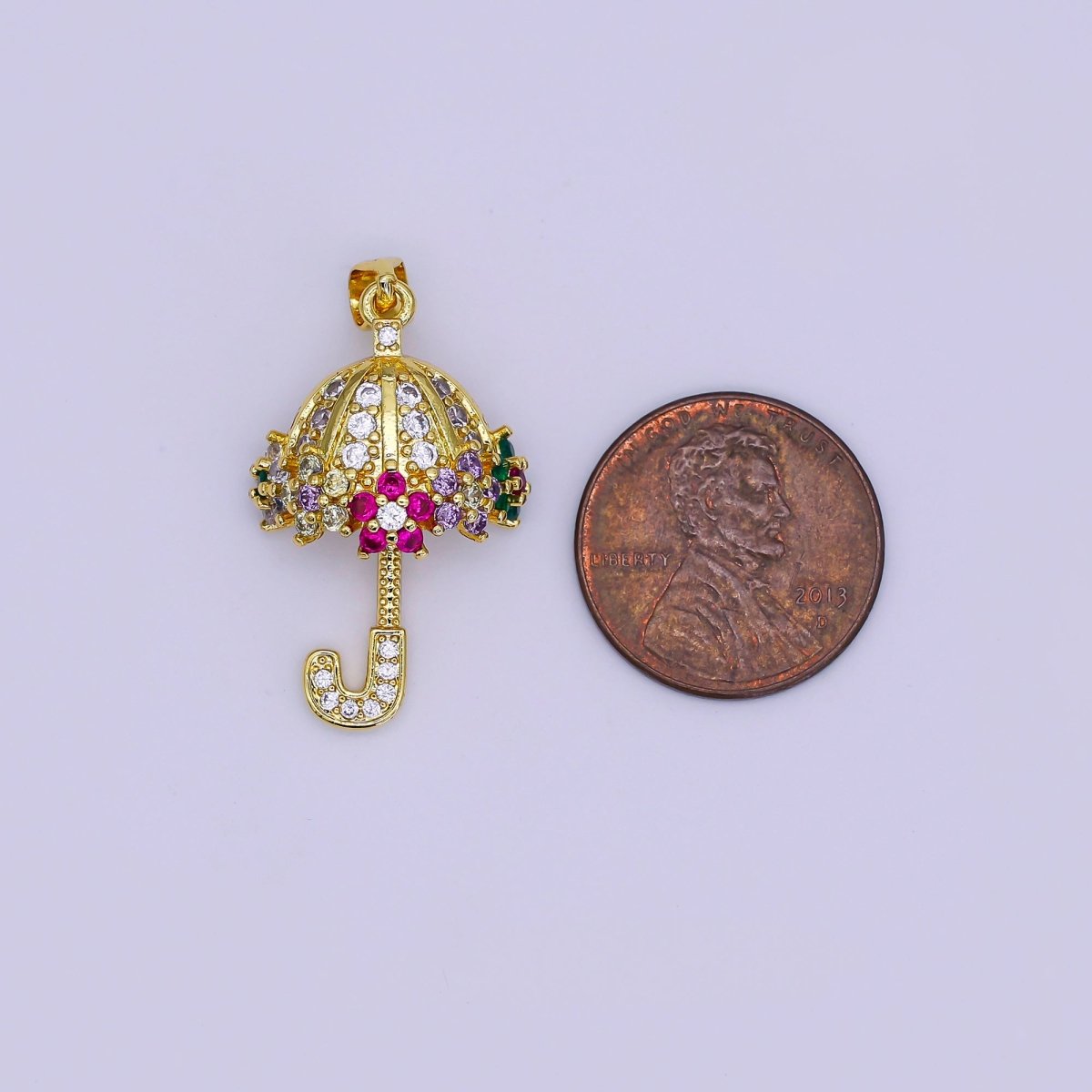 Clear Micro Paved Umbrella Multicolor CZ Flower Gold Pendant | AA019