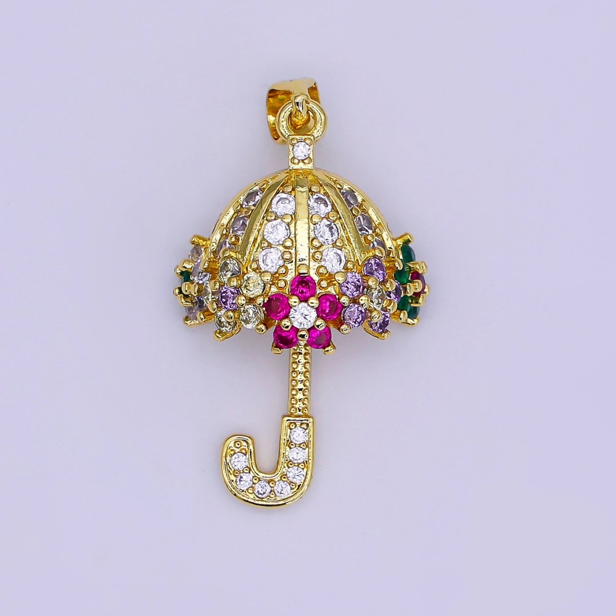 Clear Micro Paved Umbrella Multicolor CZ Flower Gold Pendant | AA019