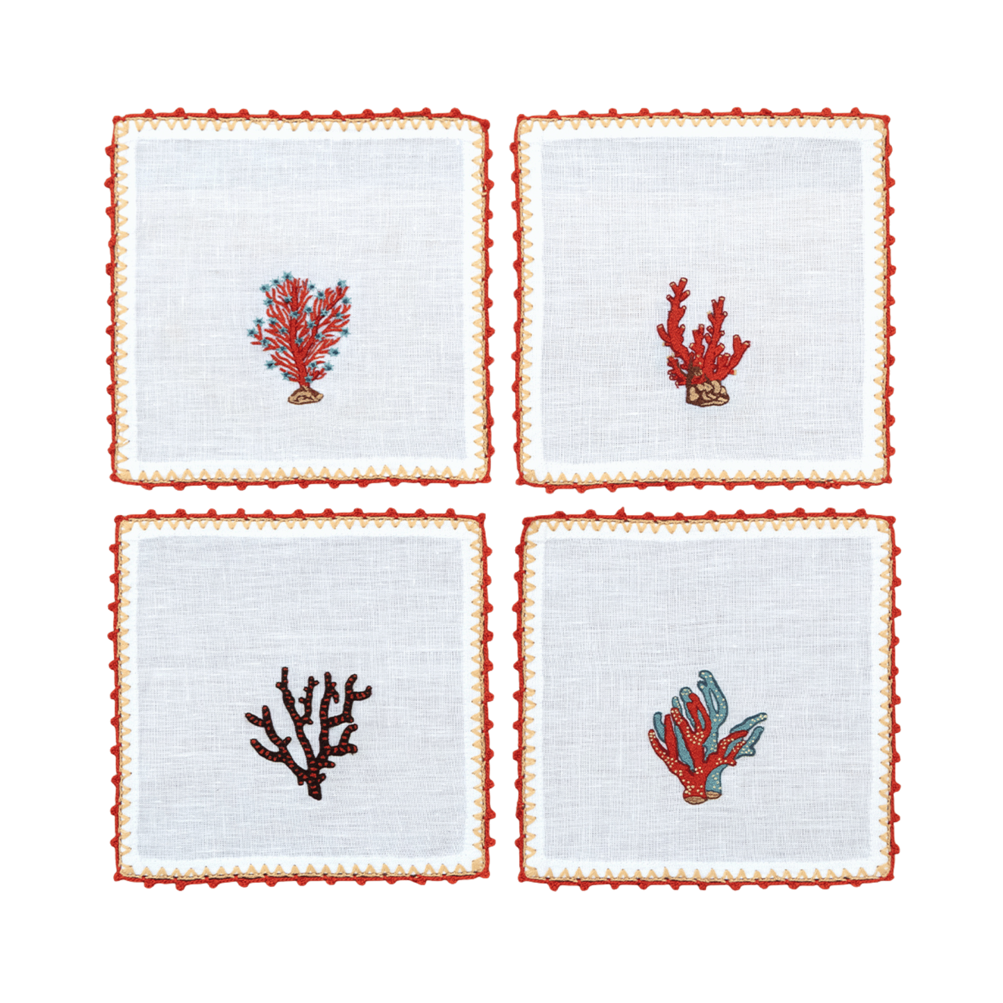 Hand Embroidered Coral Crest Cocktail Napkins 6" x 6" (Set of 4)
