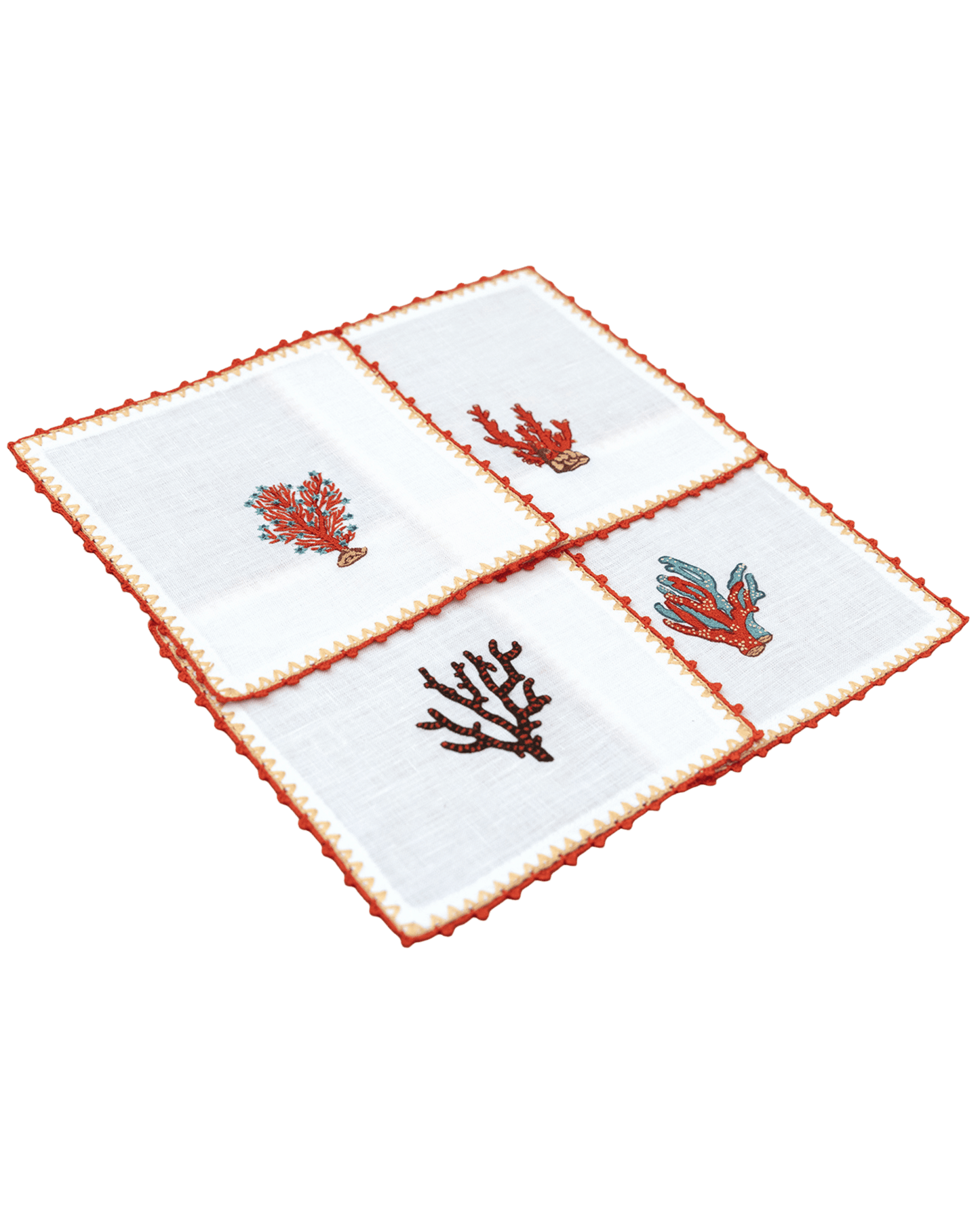 Hand Embroidered Coral Crest Cocktail Napkins 6" x 6" (Set of 4)