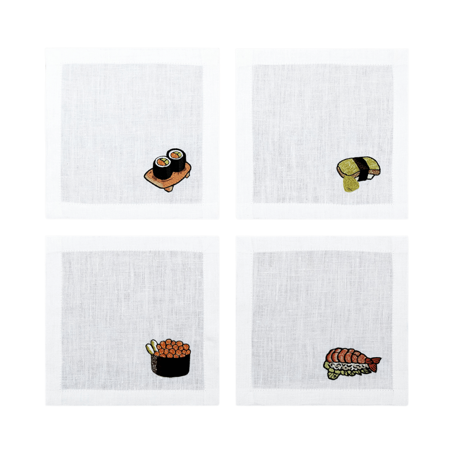 Hand Embroidered Sushi Cocktail Napkins 6" x 6" (Set of 4)