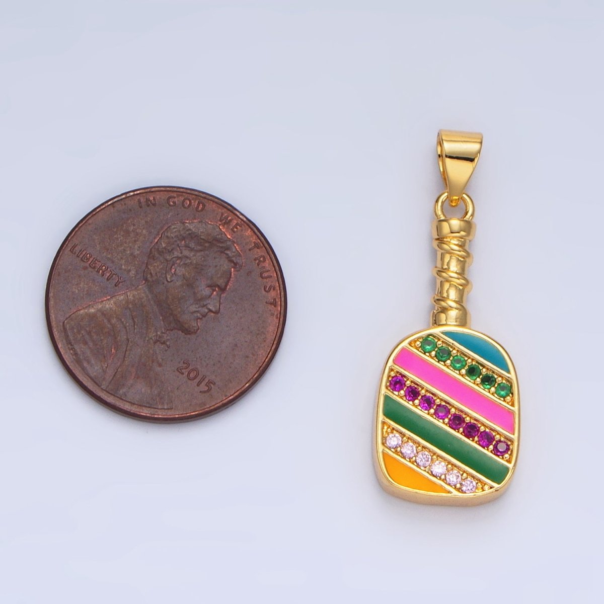 Colorful Pickle Ball Charm in 24K Gold Filled Pendant Sports Paddle with CZ | I769