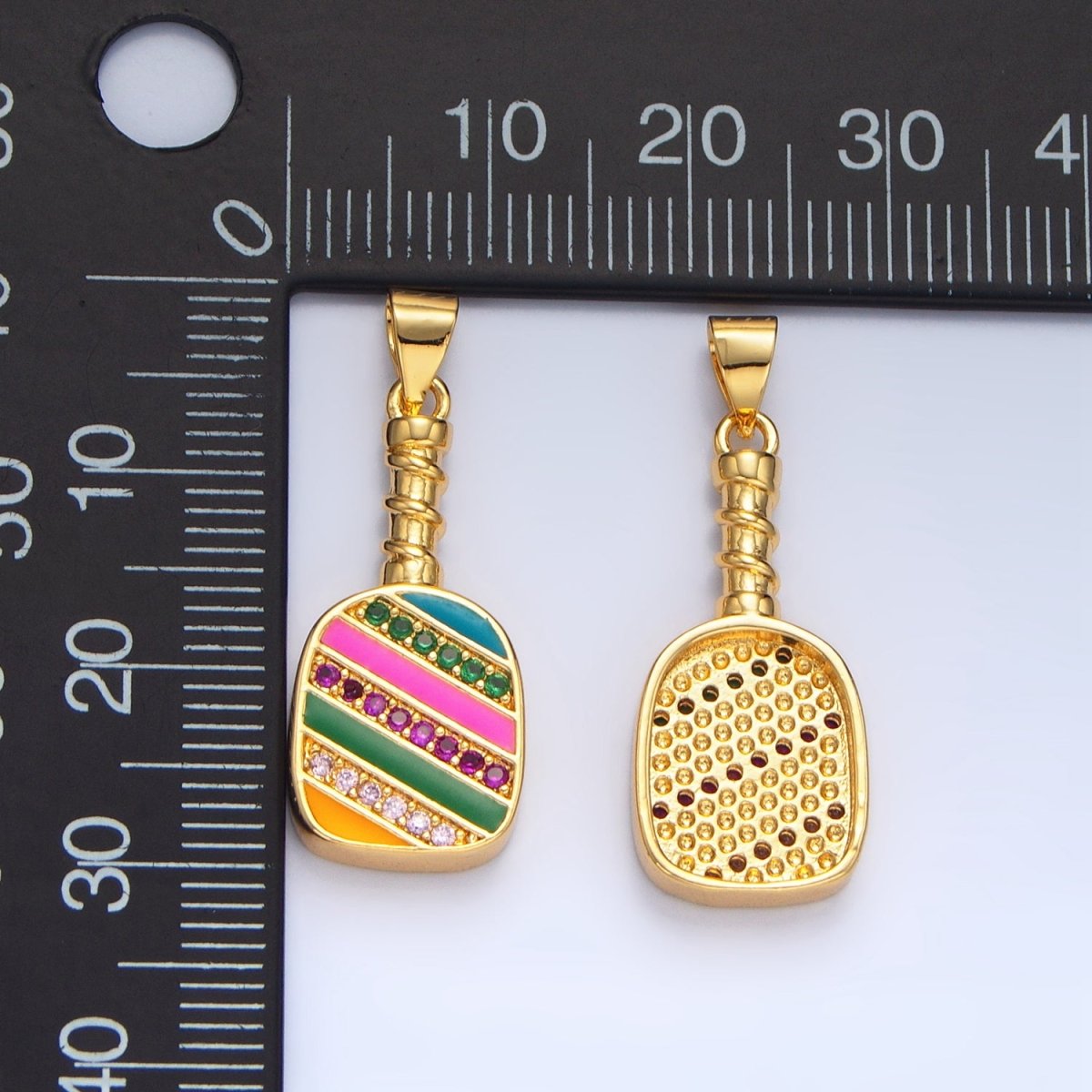 Colorful Pickle Ball Charm in 24K Gold Filled Pendant Sports Paddle with CZ | I769