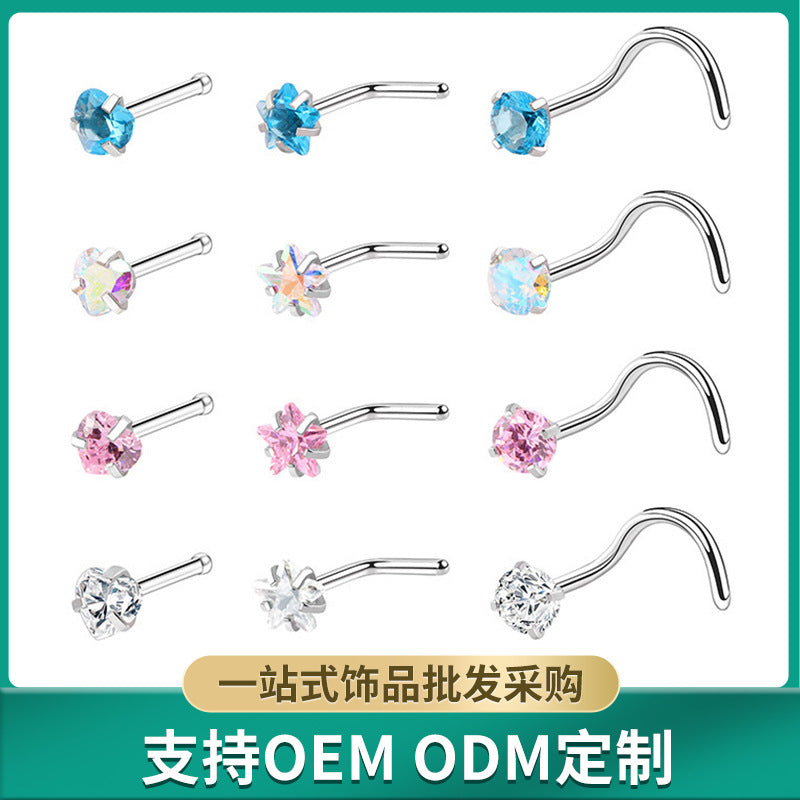 316 Stainless Steel Nose Ring with Zircon Ear Jewelry Set
