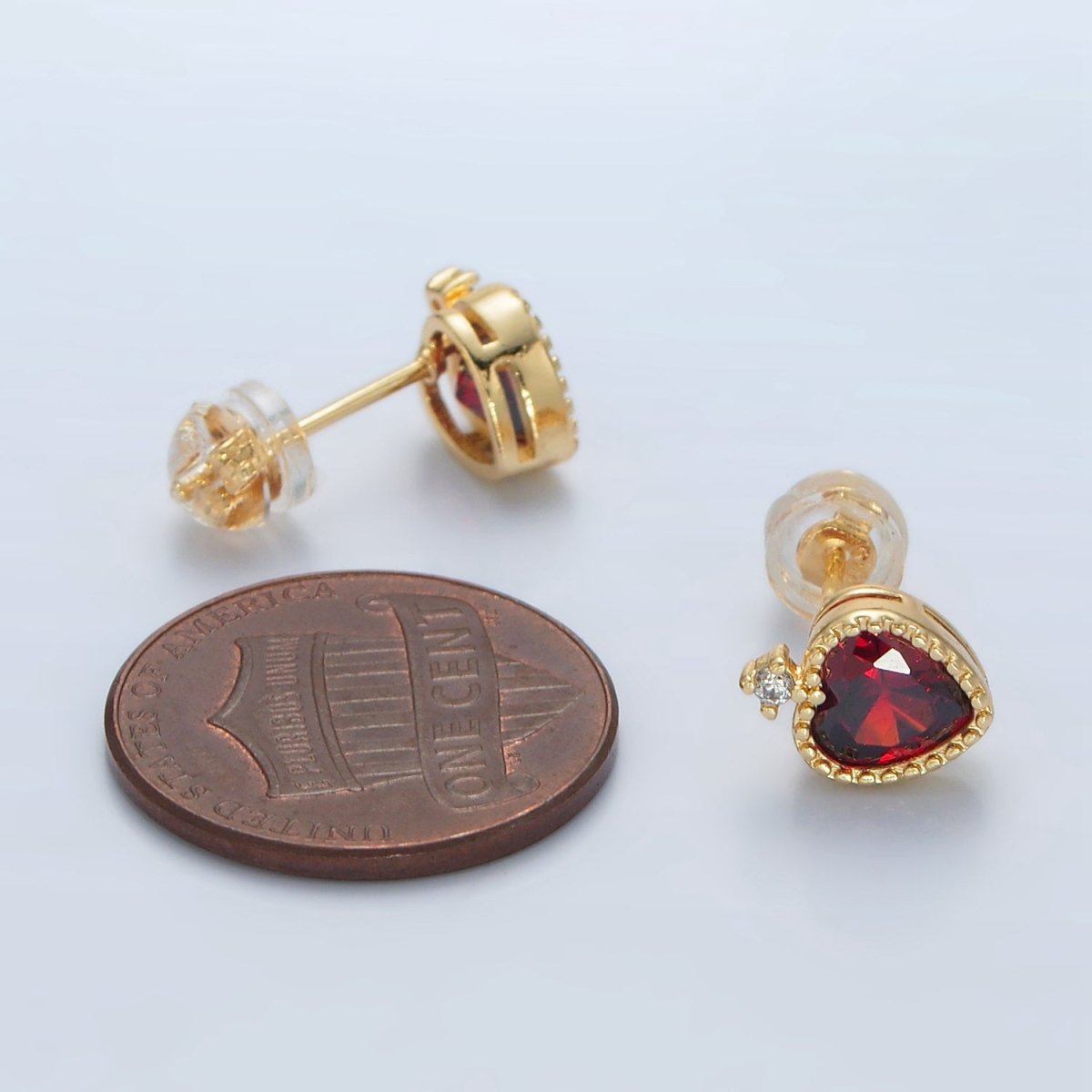 24K Gold Filled Red CZ Heart Bezel Stud Earrings