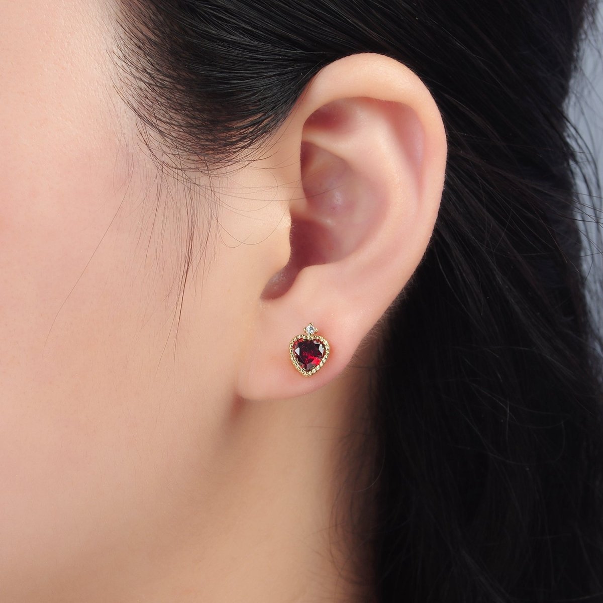 24K Gold Filled Red CZ Heart Bezel Stud Earrings