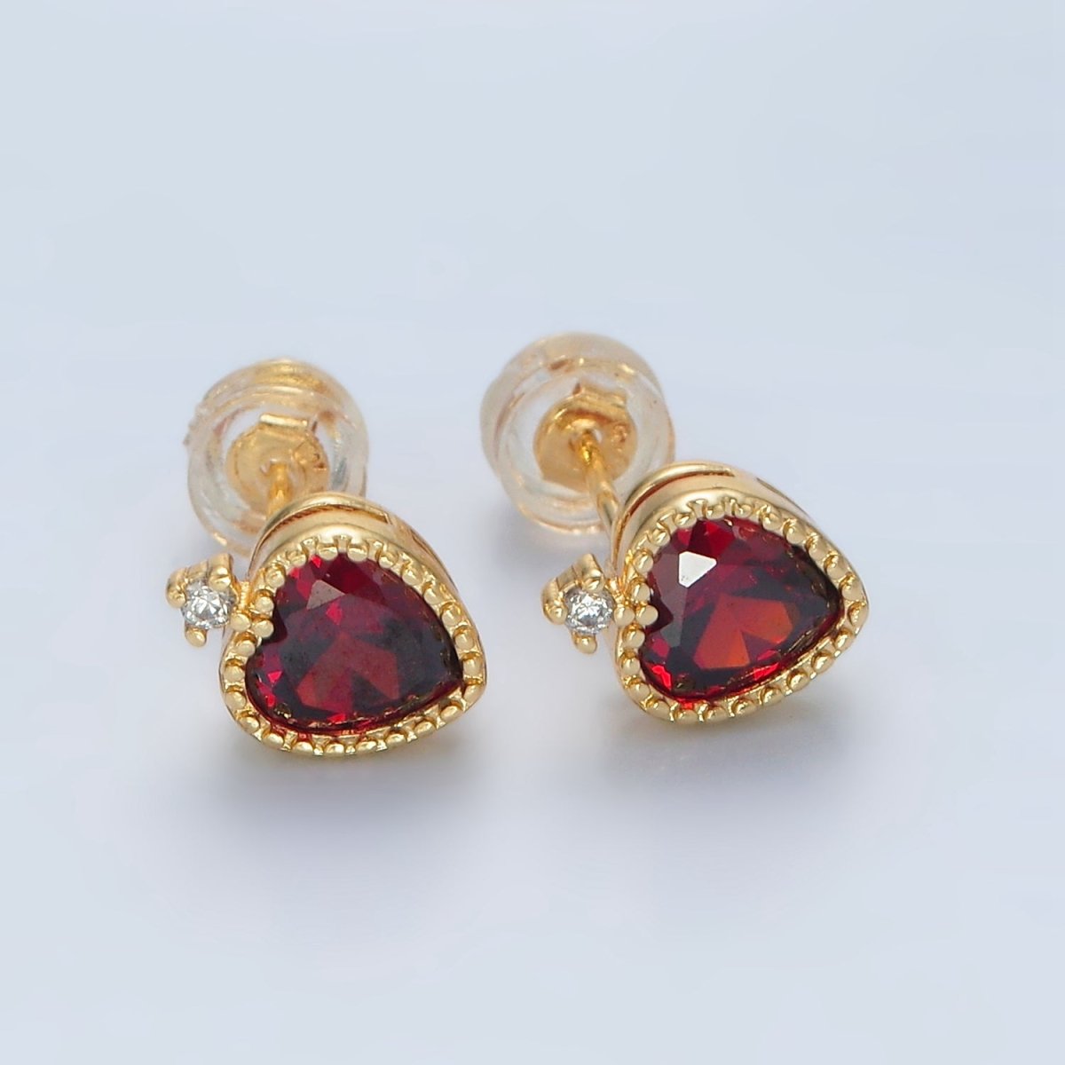 24K Gold Filled Red CZ Heart Bezel Stud Earrings