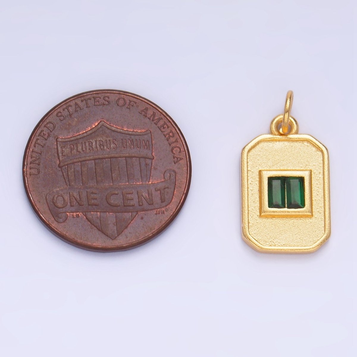Dainty Emerald Green CZ Square Gold Filled Medallion Charm Tiny Small Pendant Tag E-869