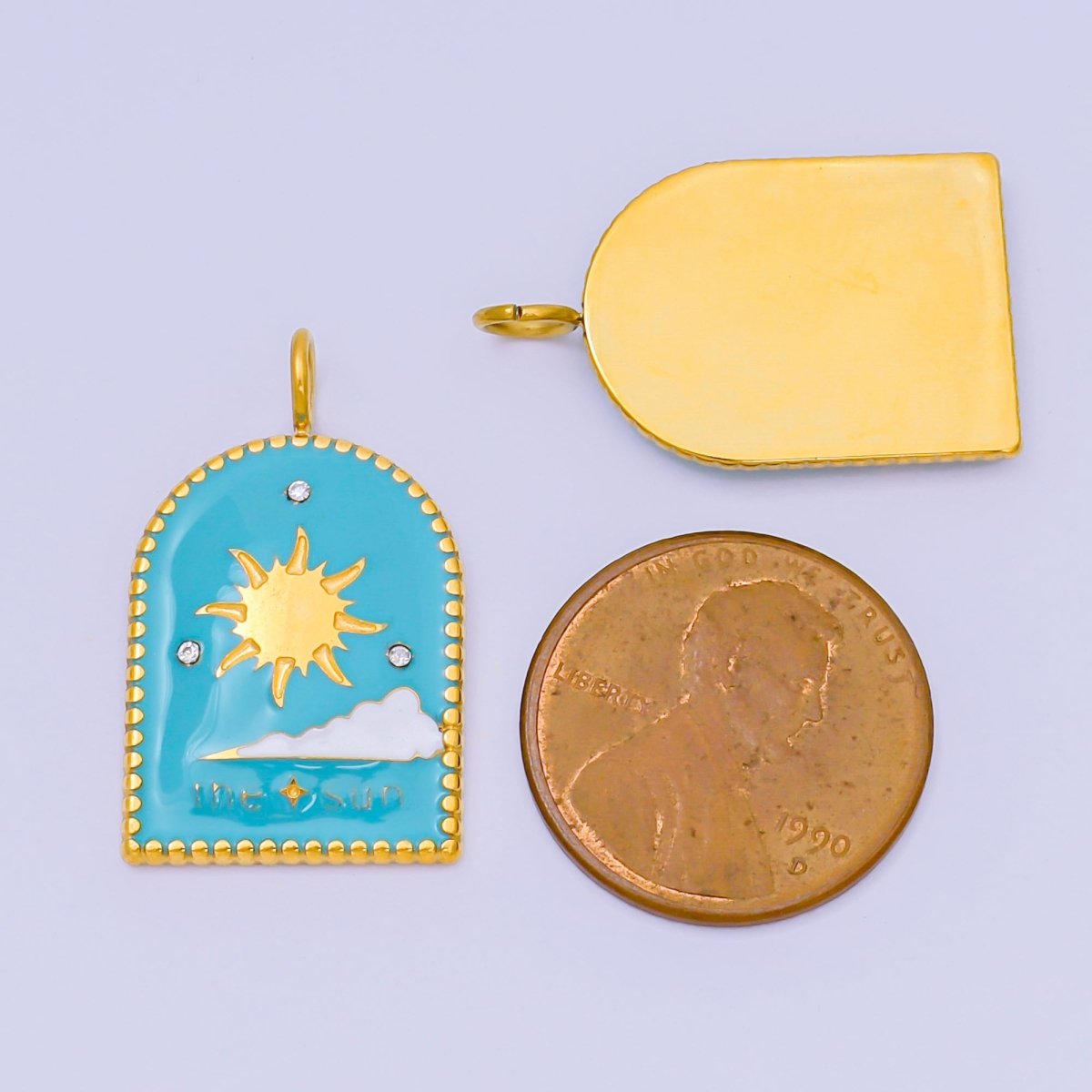 Dainty Gold Stainless Steel Sun Charm in Window Tag Enamel Morning Sky Pendant P-1397