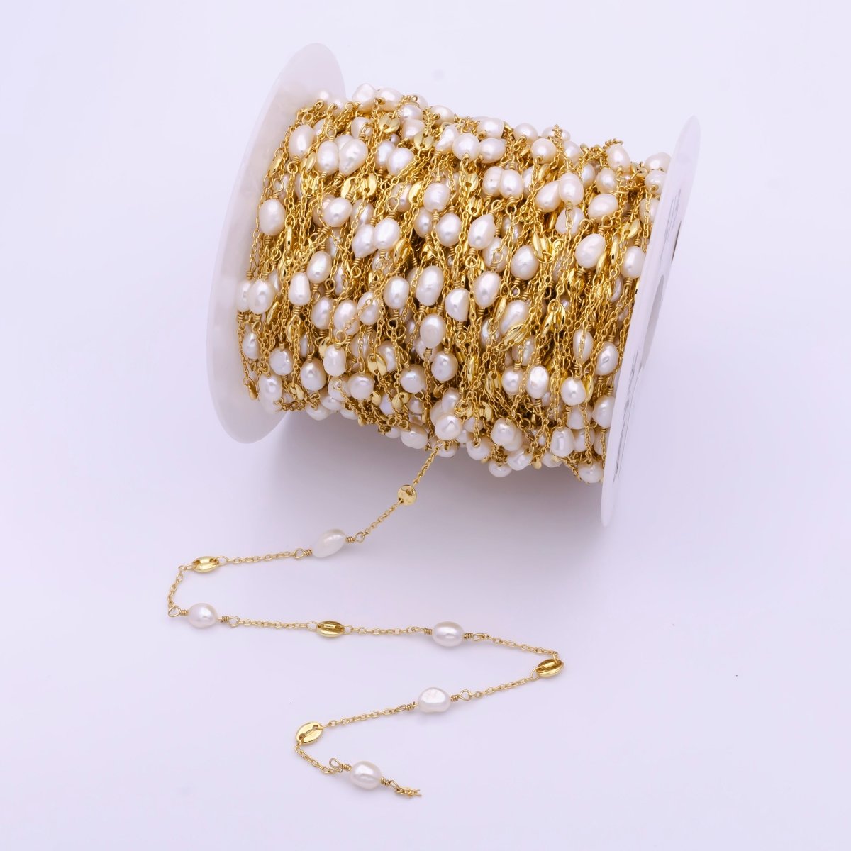 OS Dainty Pearl 24K Gold Filled Charm Chain by Yard, Fresh Water Pearl Cable Chain by Yard Roll-817