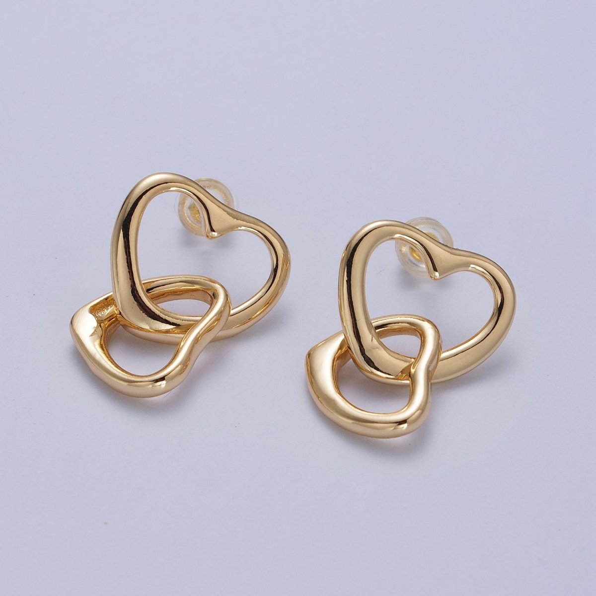 Double Gold Valentine Hearts Stud Drop Earrings | AD-149