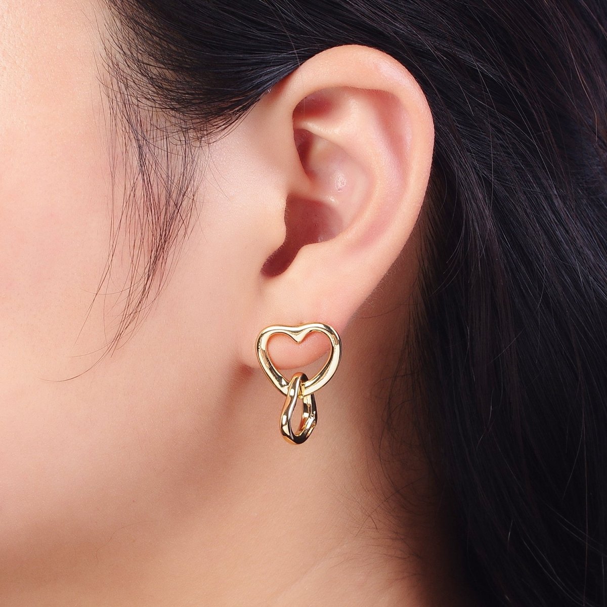 Double Gold Valentine Hearts Stud Drop Earrings | AD-149