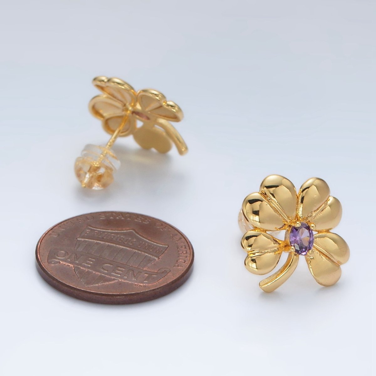 Gold Paved CZ Purple Heart Flower Love Stud Earrings | AD620