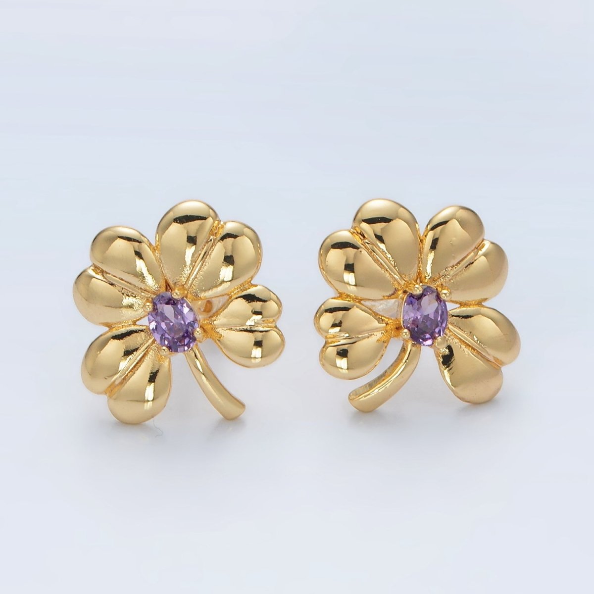 Gold Paved CZ Purple Heart Flower Love Stud Earrings | AD620