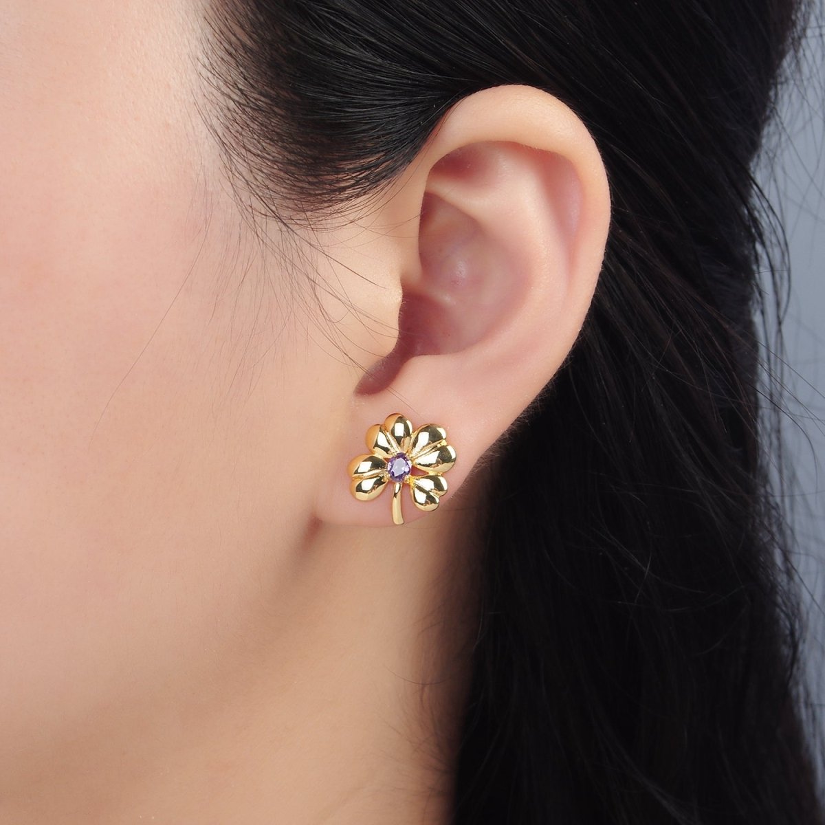 Gold Paved CZ Purple Heart Flower Love Stud Earrings | AD620
