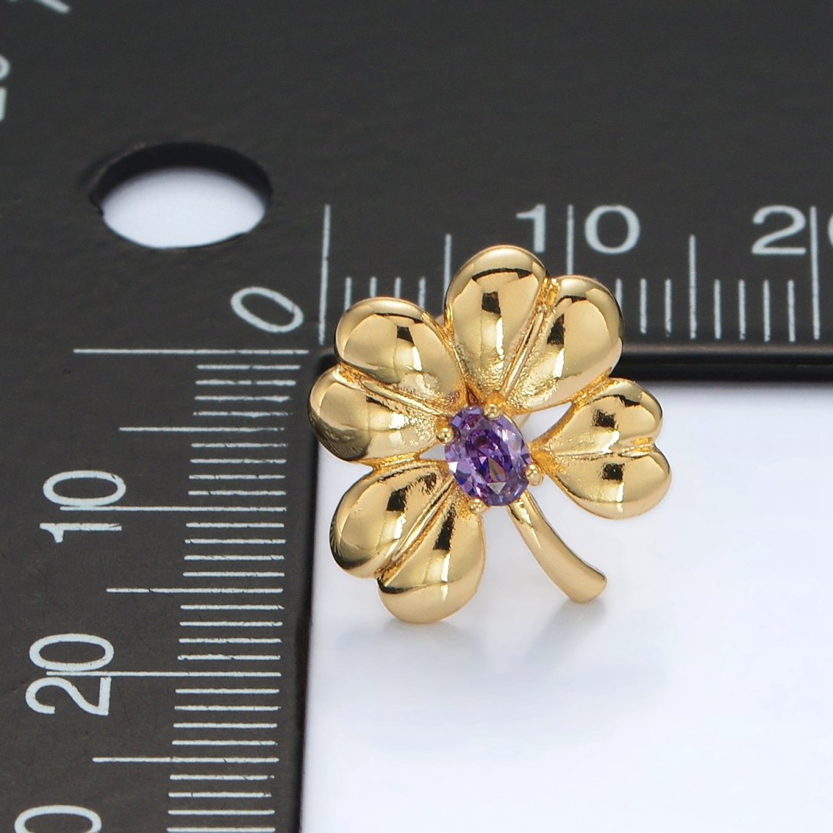 Gold Paved CZ Purple Heart Flower Love Stud Earrings | AD620