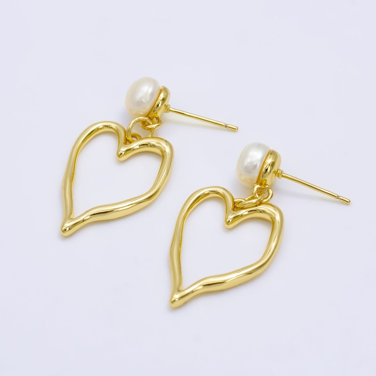 Gold Pearl Geometric Open Heart Minimalist Stud Earrings | AB-062
