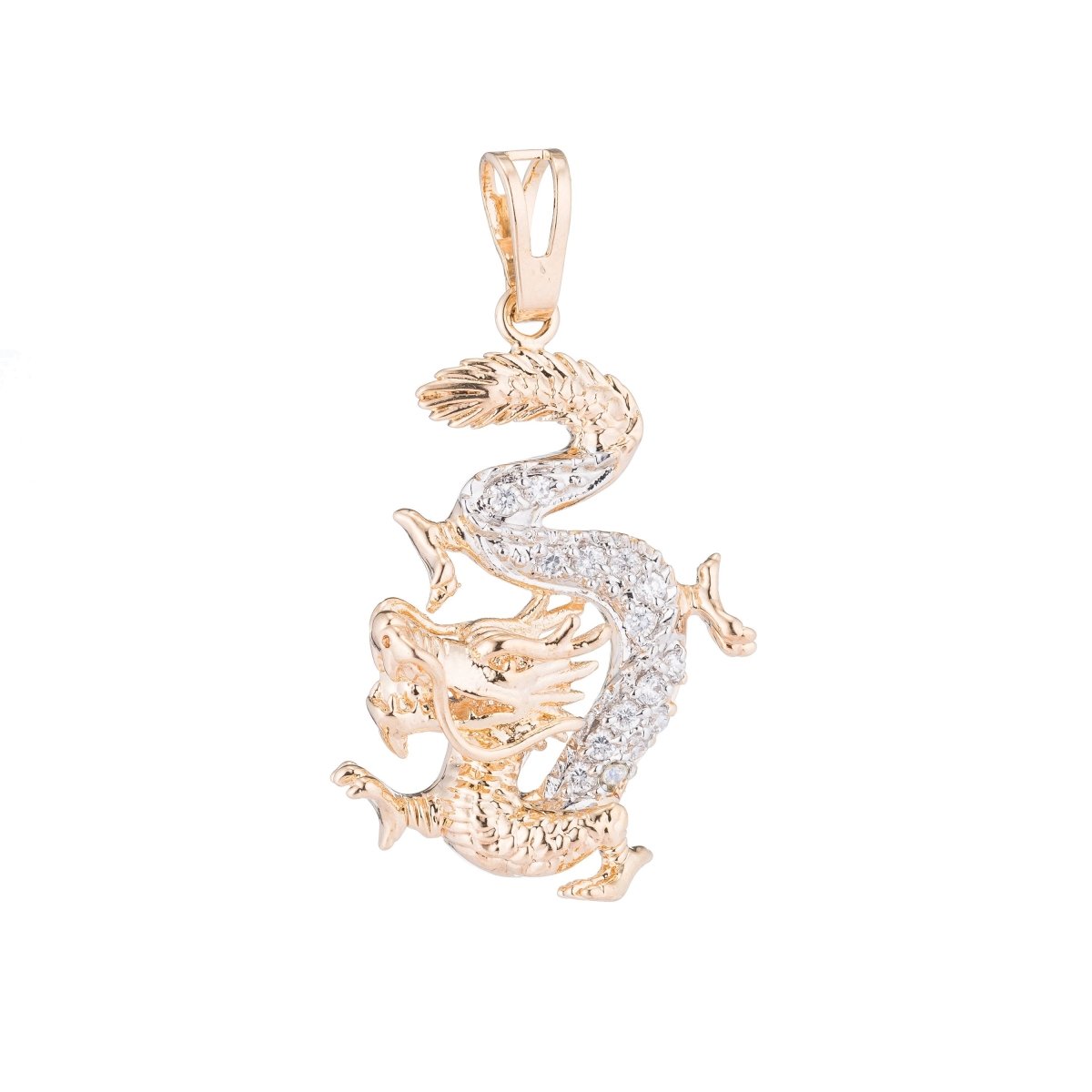 Gold Royal Dragon, Majestic, Animal, Earth, Chinese Legend, Cubic Zirconia Layering Necklace Pendant Charm Bead Bails for Jewelry Making H-702
