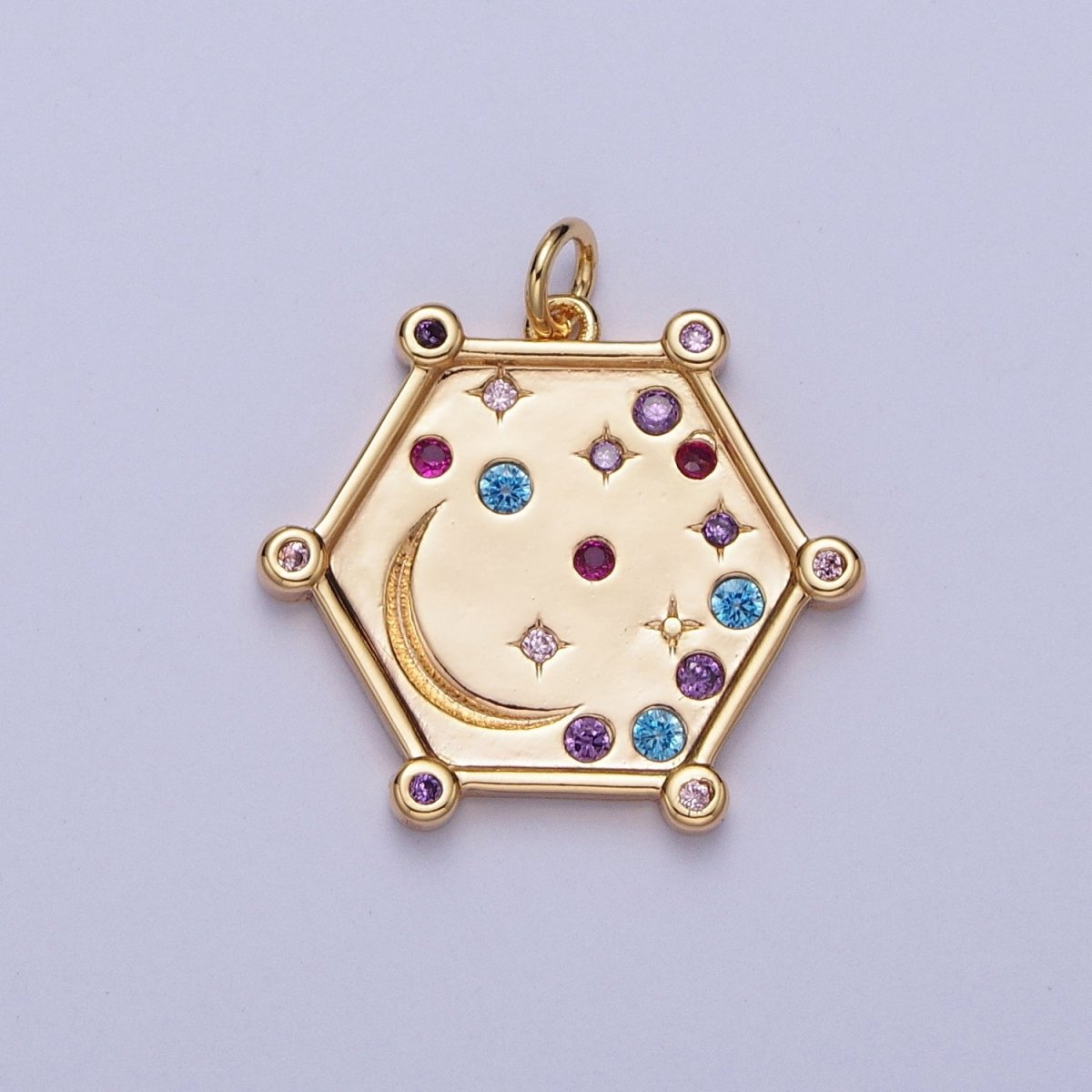 Gold, Silver Hexagonal Celestial Moon Clear, Pink & Green, Purple & Yellow Multicolor Charm | AC695 - AC696