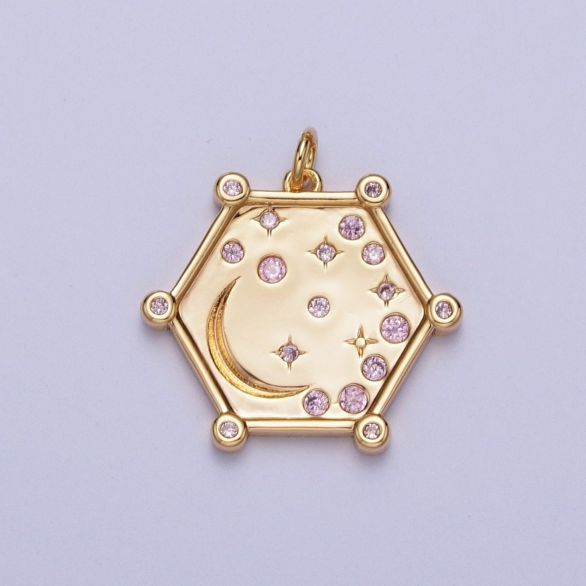 Gold, Silver Hexagonal Celestial Moon Clear, Pink & Green, Purple & Yellow Multicolor Charm | AC695 - AC696