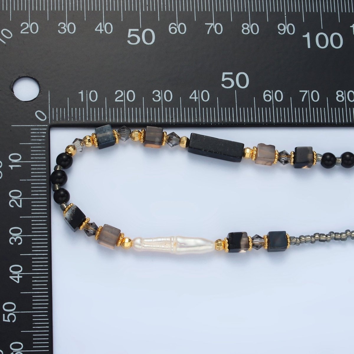 Handmade Black Onyx Beaded Chain Necklace with Mother of Pearl 14.96 Inch with Extender | WA2579