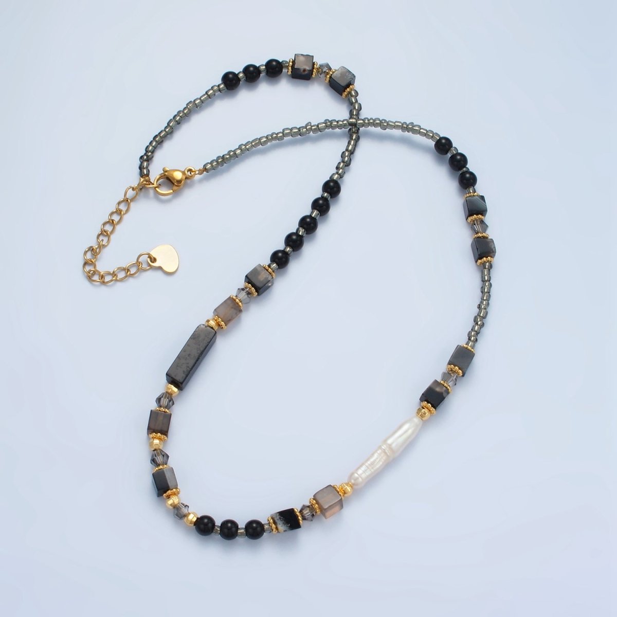 Handmade Black Onyx Beaded Chain Necklace with Mother of Pearl 14.96 Inch with Extender | WA2579