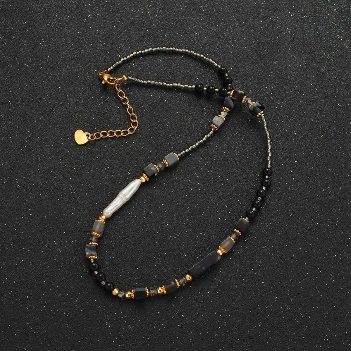 Handmade Black Onyx Beaded Chain Necklace with Mother of Pearl 14.96 Inch with Extender | WA2579