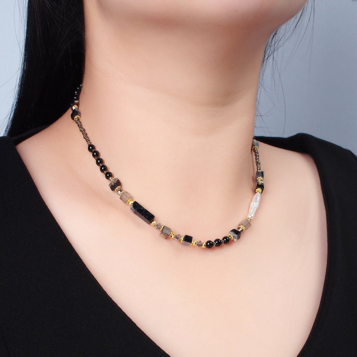 Handmade Black Onyx Beaded Chain Necklace with Mother of Pearl 14.96 Inch with Extender | WA2579