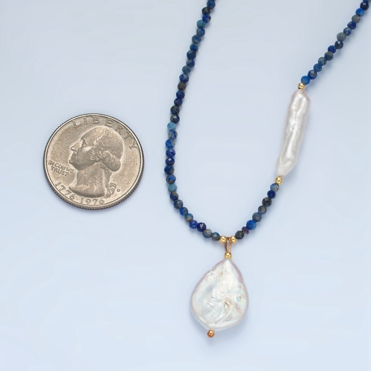 Handmade Blue Lapis Lazuli Beaded Chain Necklace with Fresh Water Pearl 15.35 inch | WA2566